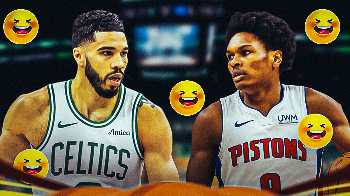 Jayson Tatum and Ausar Thompson with laughing emojis around the picture.