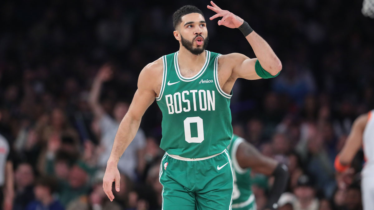 Boston Celtics Forward Jaison Tatum (0) gestures after creating three points in the first quarter of New York Knicks in Madison Square Garden.