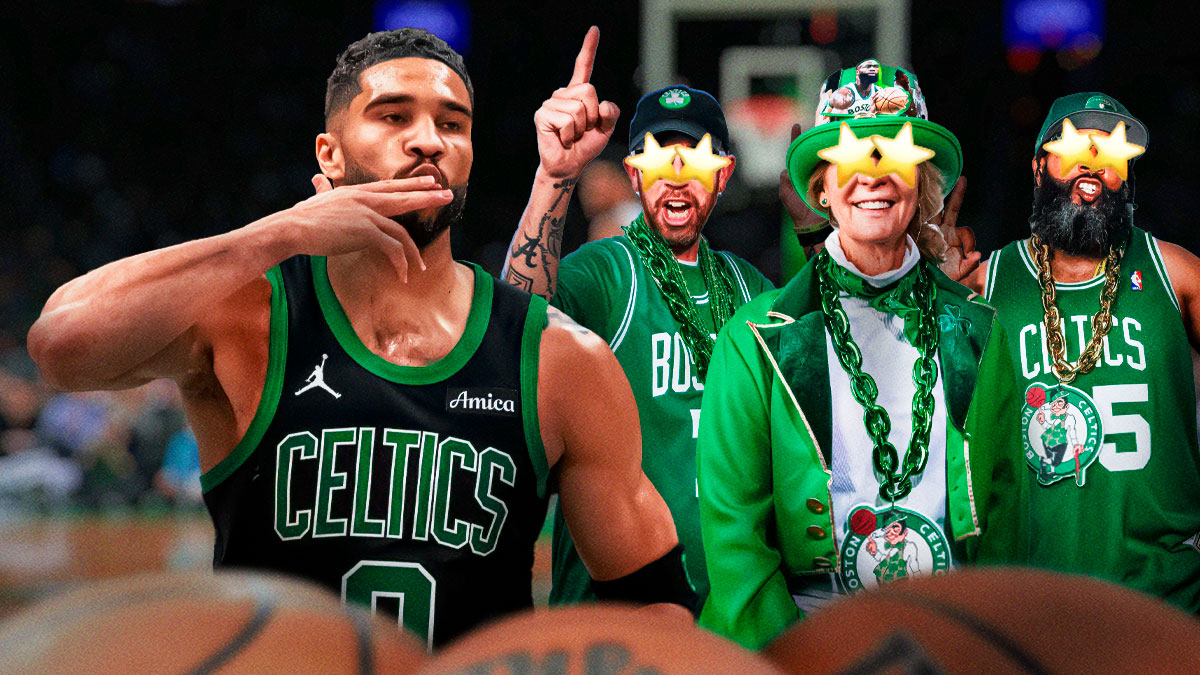 Image: Jayson Tatum on one side, a bunch of Boston Celtics fans on the other side with stars in their eyes