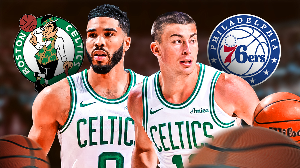 Jayson Tatum, Payton Pritchard, Celtics and 76ers logos in background, fire symbols