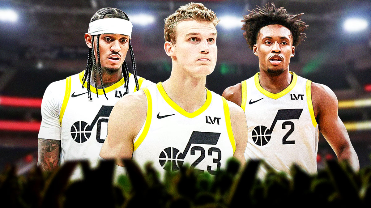 Jazz players Lauri Markkanen, Jordan Clarkson and Collin Sexton with question marks around them