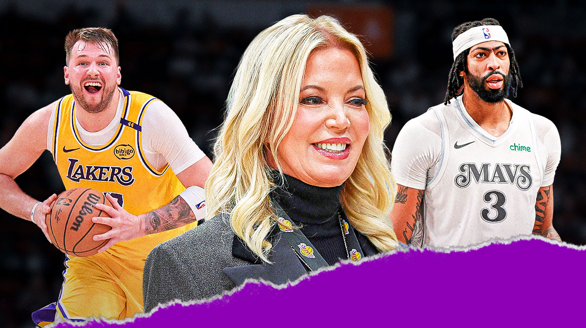 Jeanie Buss, Anthony Davis, Luka Doncic, Lakers logo, eyes symbols