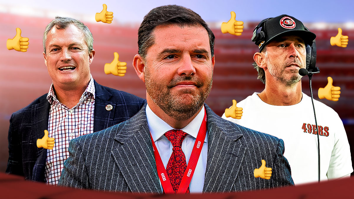 49ers CEO Jed York with 49ers GM John Lynch and head coach Kyle Shanahan with thumbs up emojis around them.