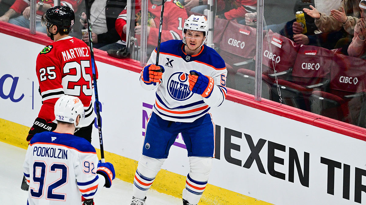 Edmonton Oilers left wing Jeff Skinner (53) celebrates his goal against the Chicago Blackhawks during the third period at the United Center.