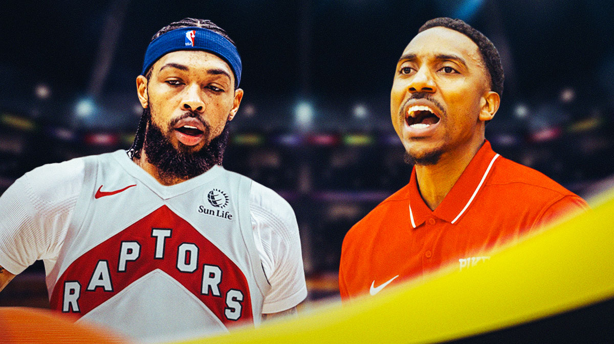 Jeff Teague in regular clothes, Brandon Ingram in a Raptors jersey, and Jayson Tatum.