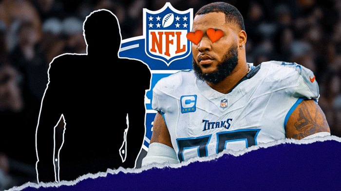 Titans DL Jeffery Simmons with heart eyes looking at SILHOUETTE of Penn State EDGE Abdul Carter. 2025 NFL Draft logo in background. Background is NFL Draft stage.