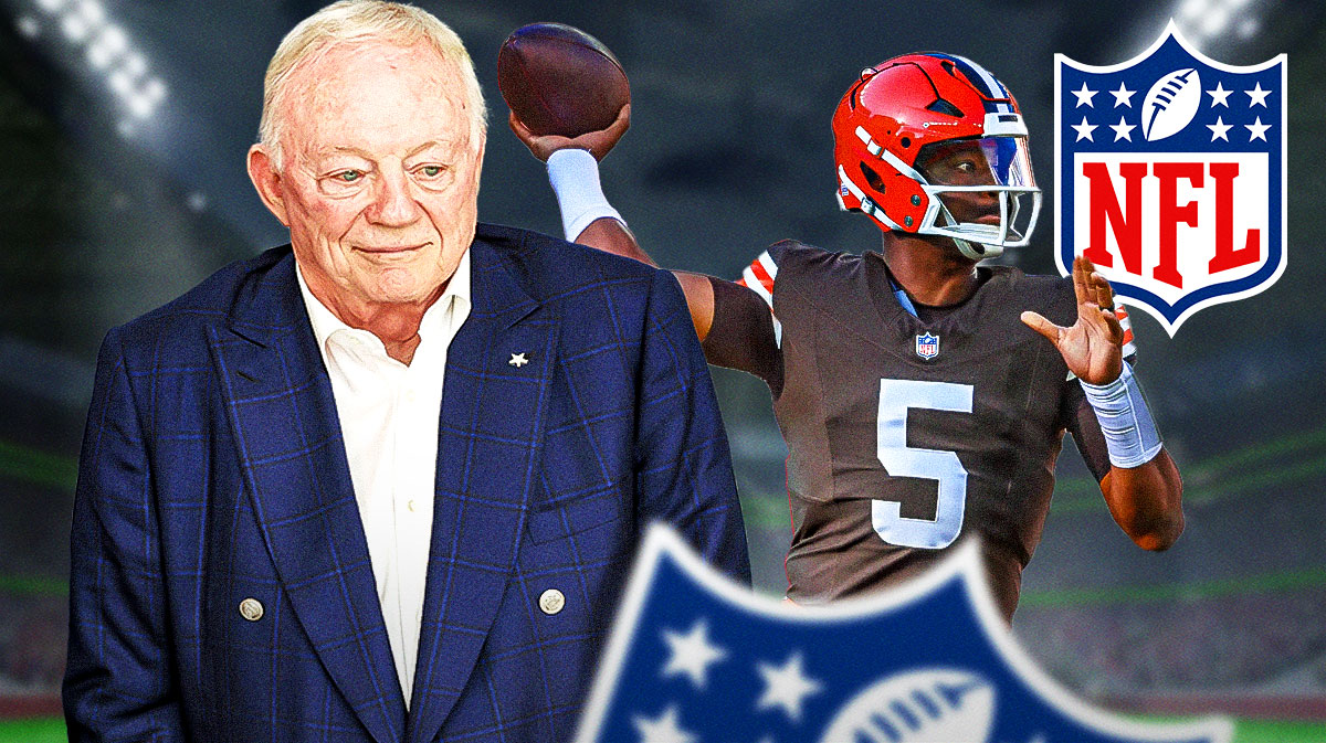 Dallas Cowboys owner Jerry Jones with Cleveland Browns QB Jameis Winston. There is also a logo for the NFL.