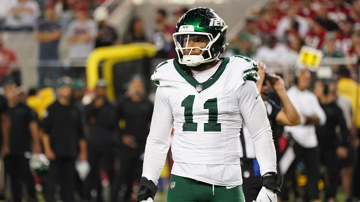 New York Jets linebacker Jermaine Johnson (11) waits for play to resume during the fourth quarter against the San Francisco 49ers at Levi's Stadium.