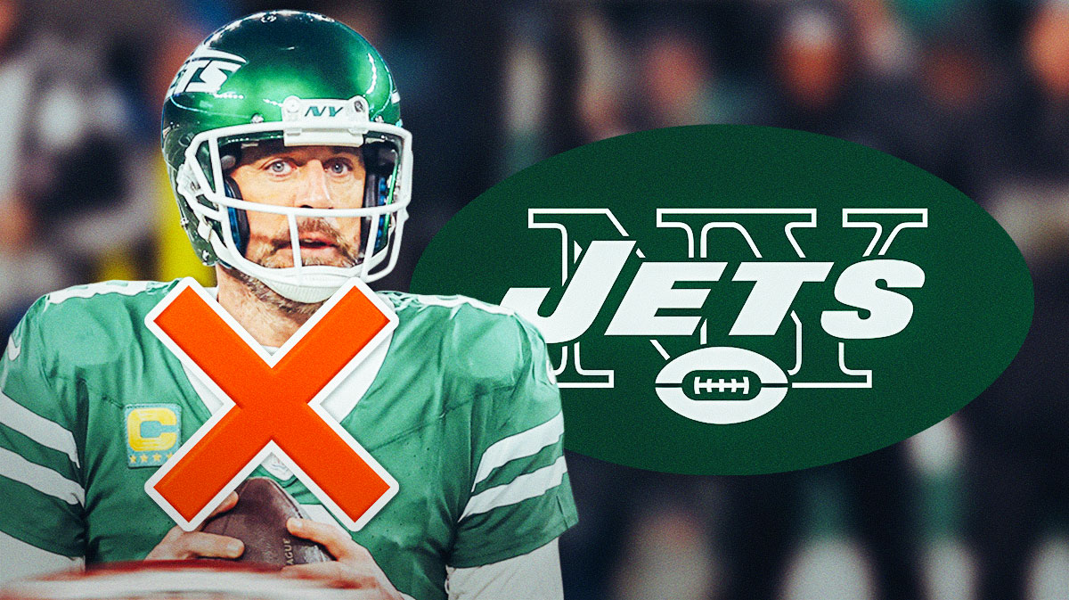 Aaron Rodgers on one side with an "X" over him, the New York Jets logo on the other side