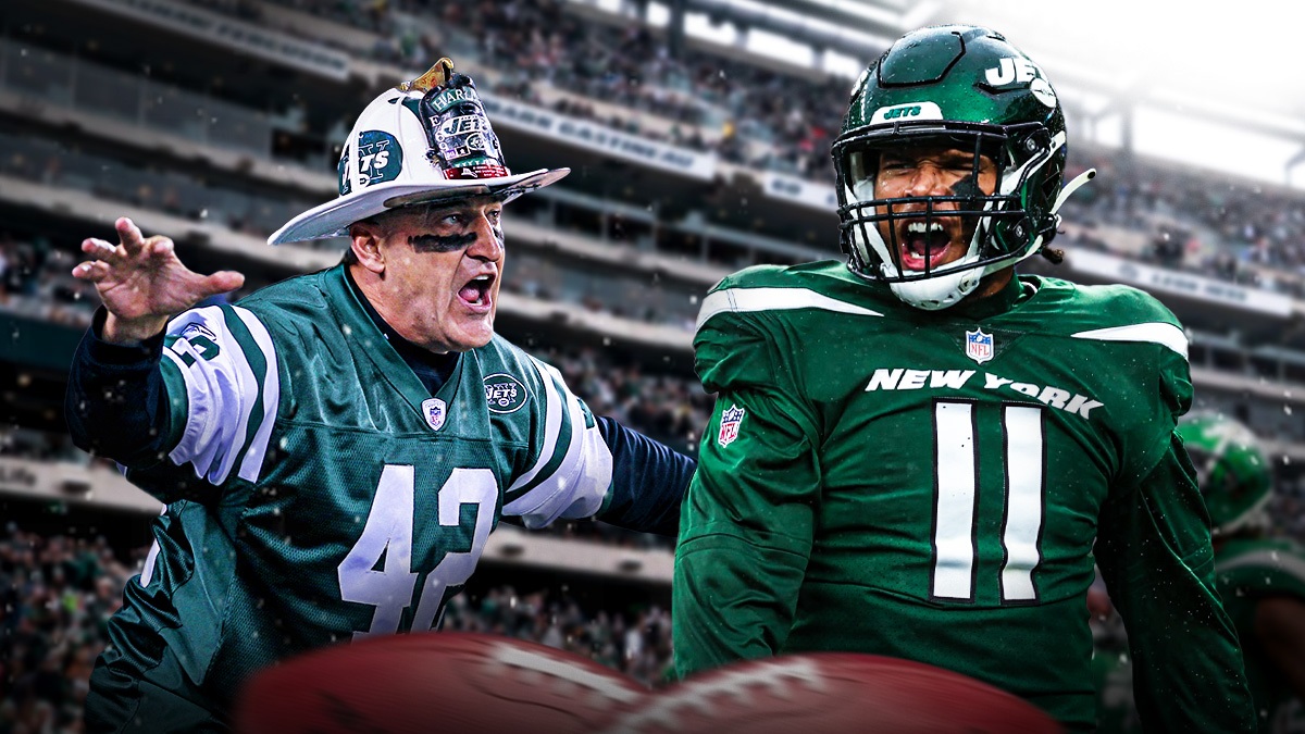 Featured Graphic idea: Image of Jets Jermaine Johnson yelling next to an image of Jets Superfan Fireman Ed. Eyes emoji next to him