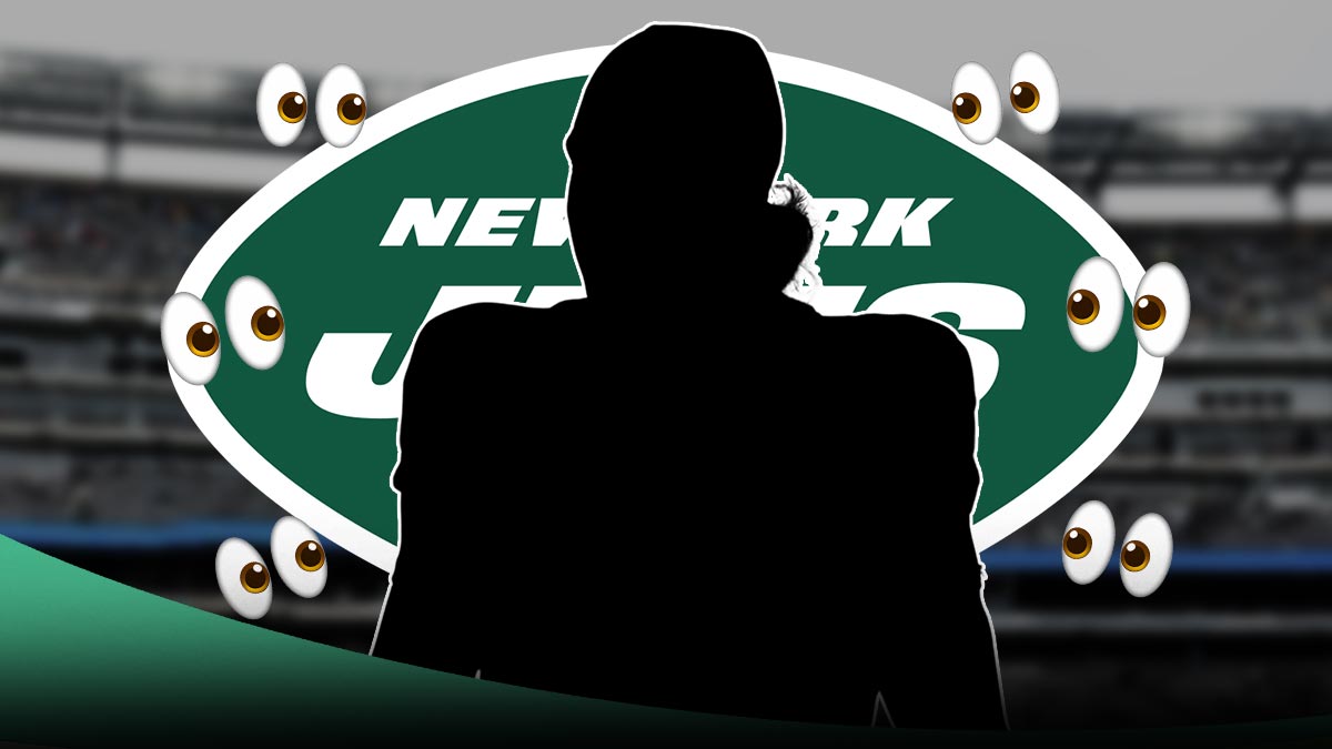 Featured Graphic idea: Image of silhouette of Ole Miss QB Jaxson Dart. eyes emoji next to him. Jets Logo in background