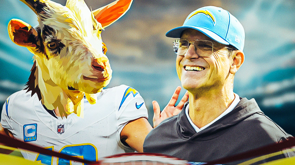 Chargers head coach Jim Harbaugh smiling with question marks around him, and Justin Herbert's head photoshopped on a picture of a goat.