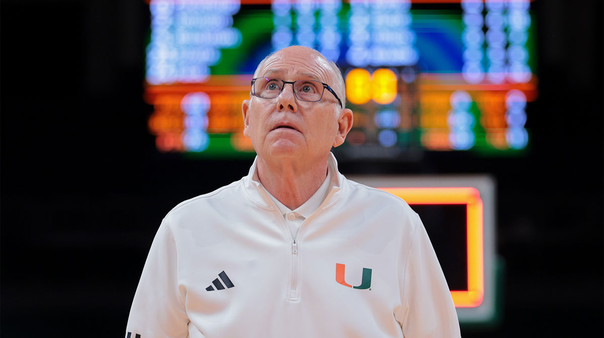 Miami Hurricanes head coach Jim Larranaga looks on after the game against the Arkansas Razorbacks at Watsco Center.