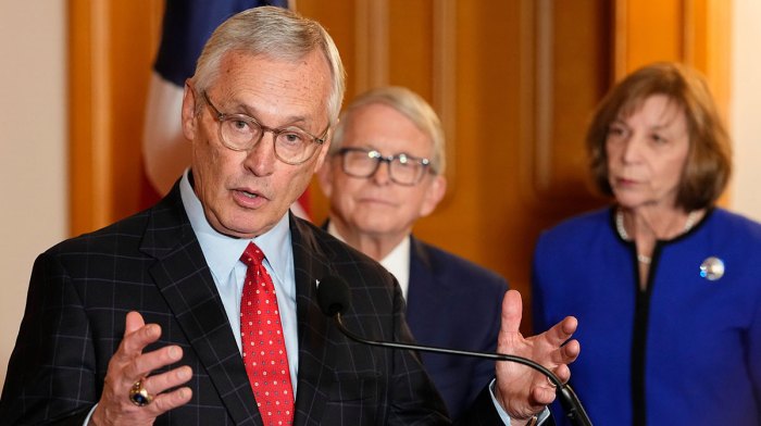 Former Ohio State University football coach Jim Tressel speaks after Ohio Gov. Mike DeWine picked him as lieutenant governor for the remaining two years of his term during a press conference at his office in the Ohio Statehouse in Columbus on Feb. 10, 2025.
