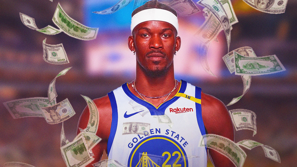 Jimmy Butler (Warriors #22 jersey) with money all around him