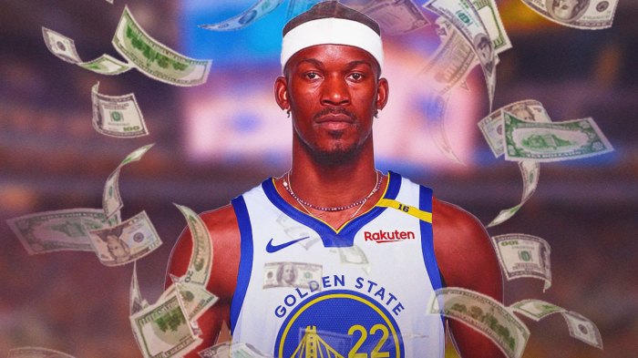 Jimmy Butler (Warriors #22 jersey) with money all around him