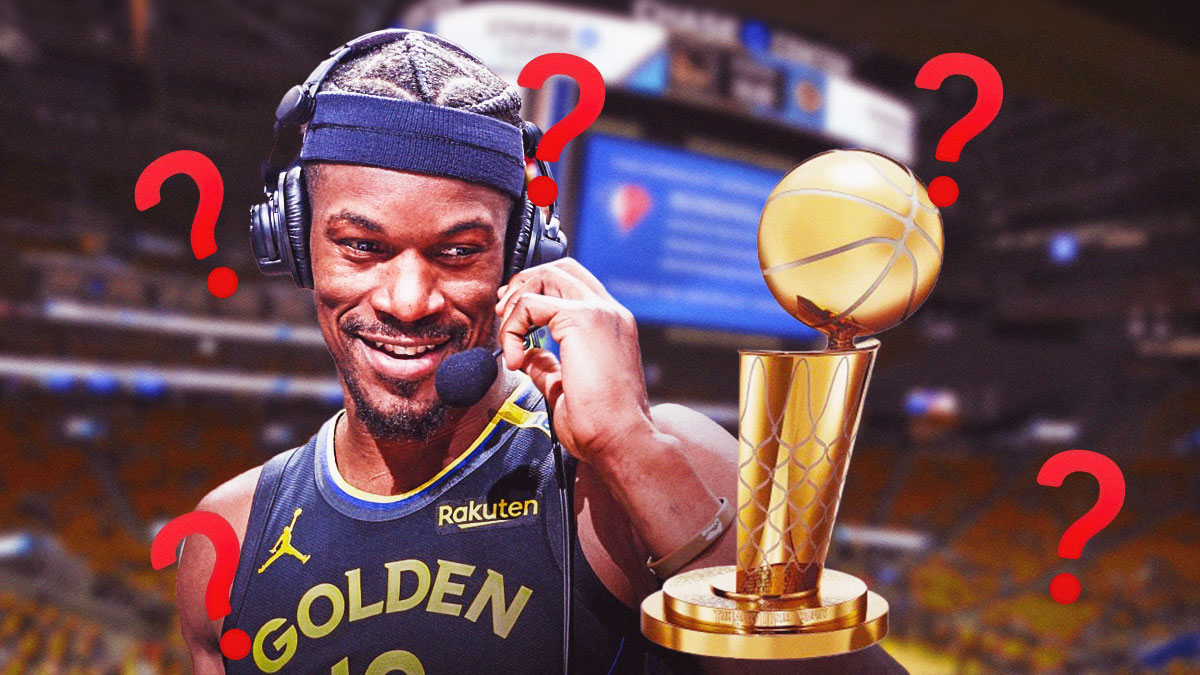 Warriors' Jimmy Butler smiling, with Larry O'Brien trophy beside him question marks all over