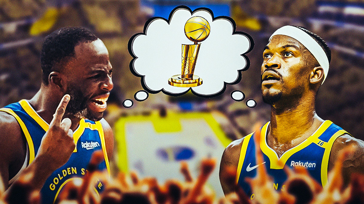 Jimmy Butler and Draymond Green with a collective thought bubble that has the Larry O'Brien NBA championship trophy inside of it, with the Warriors home arena in the background.