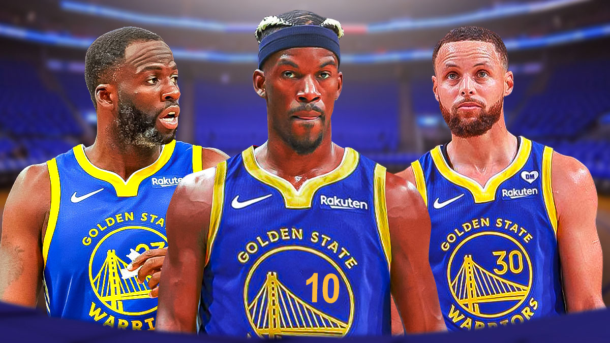 Warriors' Jimmy Butler in the middle (wearing Warriors jersey) with Stephen Curry on one side and Draymond Green on the other