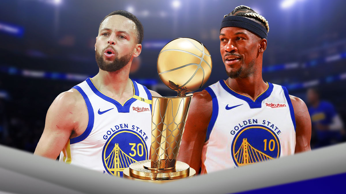 Warriors' Jimmy Butler and Stephen Curry (Butler in Warriors uniform) smiling, with championship in the middle
