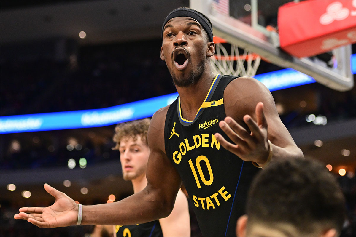     Gold State Warriors Forward Jimmy Butler (10) Reacies in the fourth quarter against Milvaukee Bucks at Fiserv Forum.