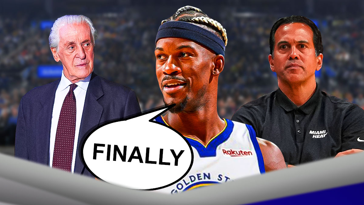 Warriors' Jimmy Butler smiling, with Heat's Pat Riley and Erik Spoelstra beside him, with speech bubble on Butler: "FINALLY"