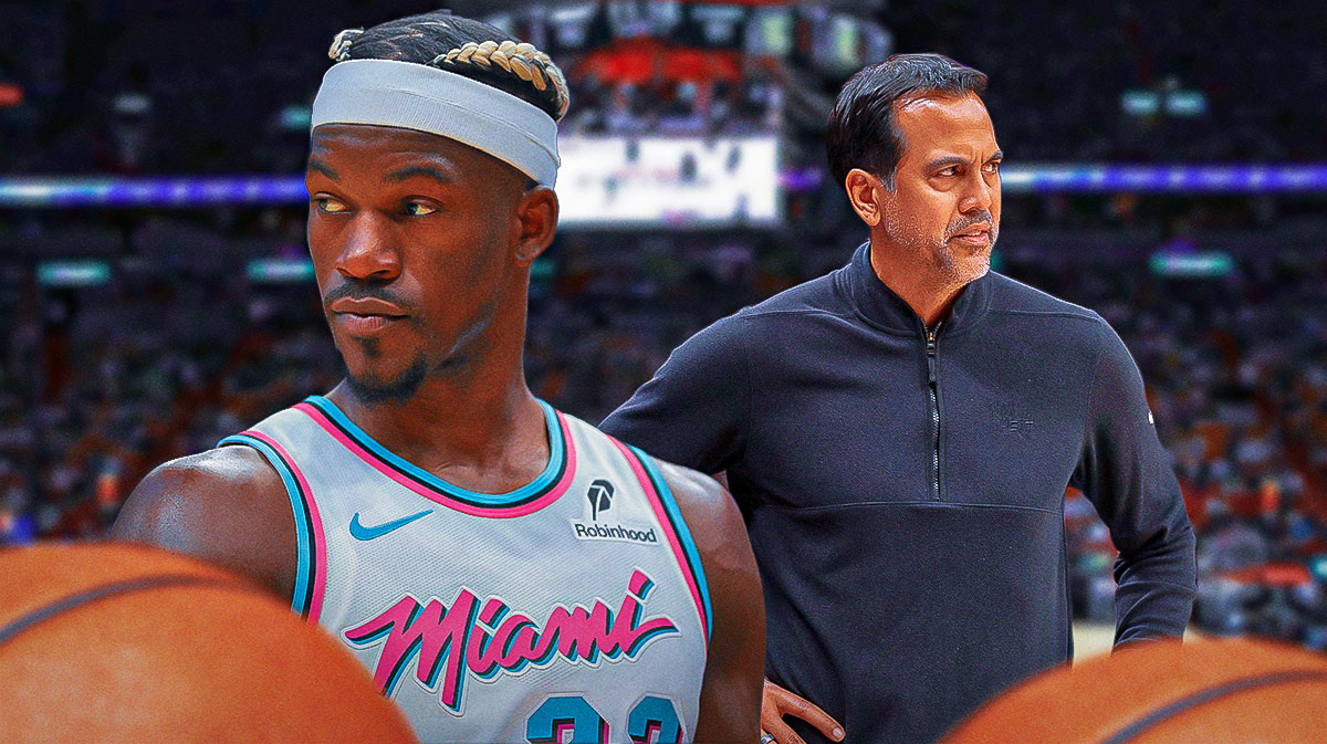 Miami Heat star Jimmy Butler and Erik Spoelstra in front of Kaseya Center.