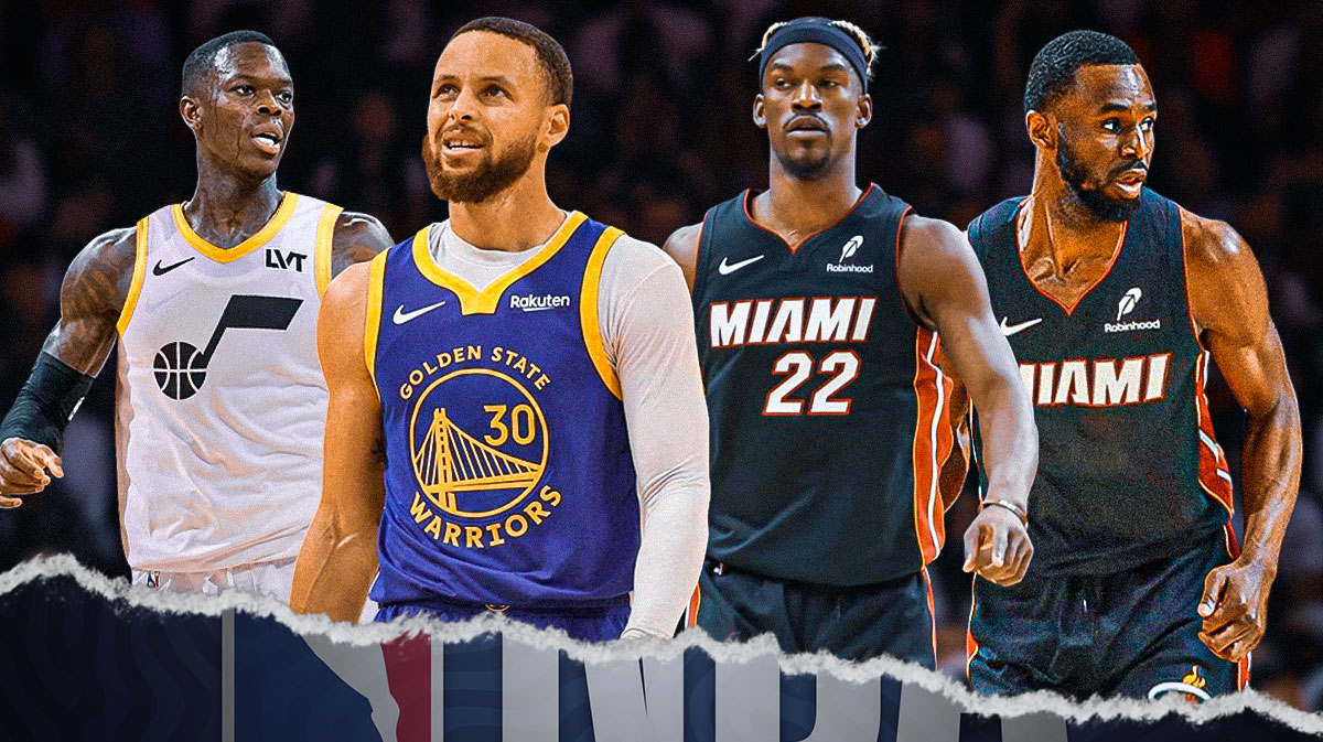 Warriors' Jimmy Butler and Stephen Curry in the middle, Andrew Wiggins in Heat uniform on the left and Dennis Schroder in Jazz uniform on the right