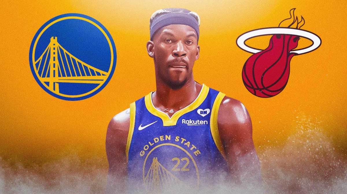 Jimmy Butler (Warriors #22 jersey) with Warriors logo on one side and Heat logo on the other. Kaseya Center as the background