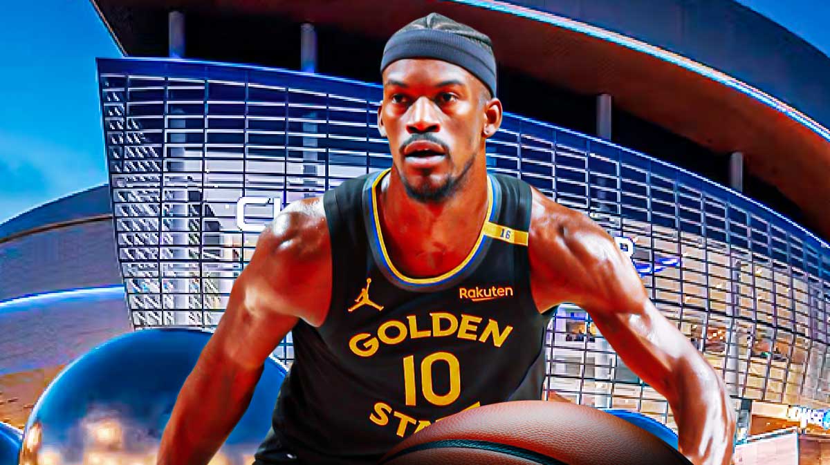 Jimmy Butler in a Warriors jersey looking tired and a background of Chase Center
