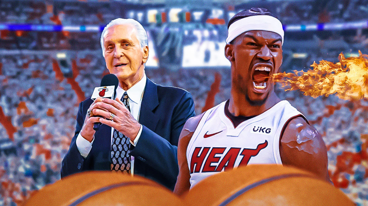 Jimmy Butler with flames coming off of him. Pat Riley. Heat logo.