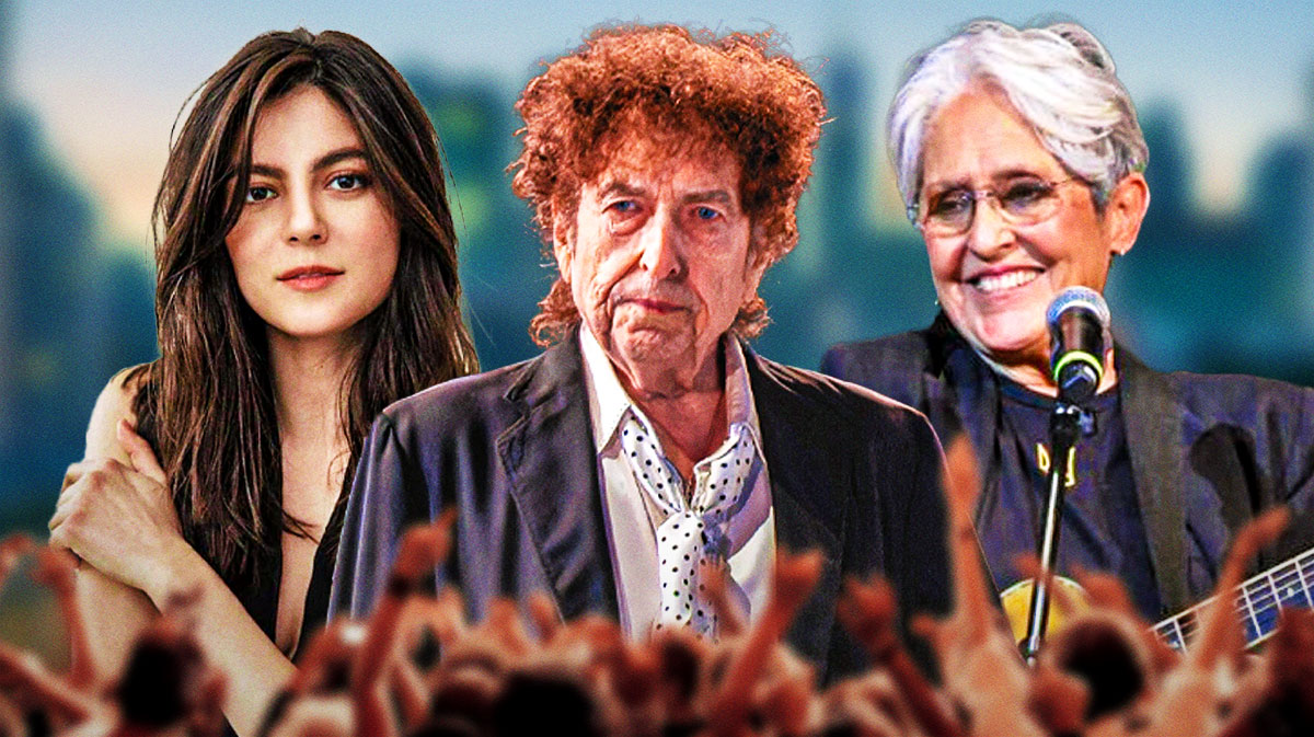 A Complete Unknown, the Bob Dylan biopic, star Monica Barbaro next to the Blowin in the Wind singer and Joan Baez.