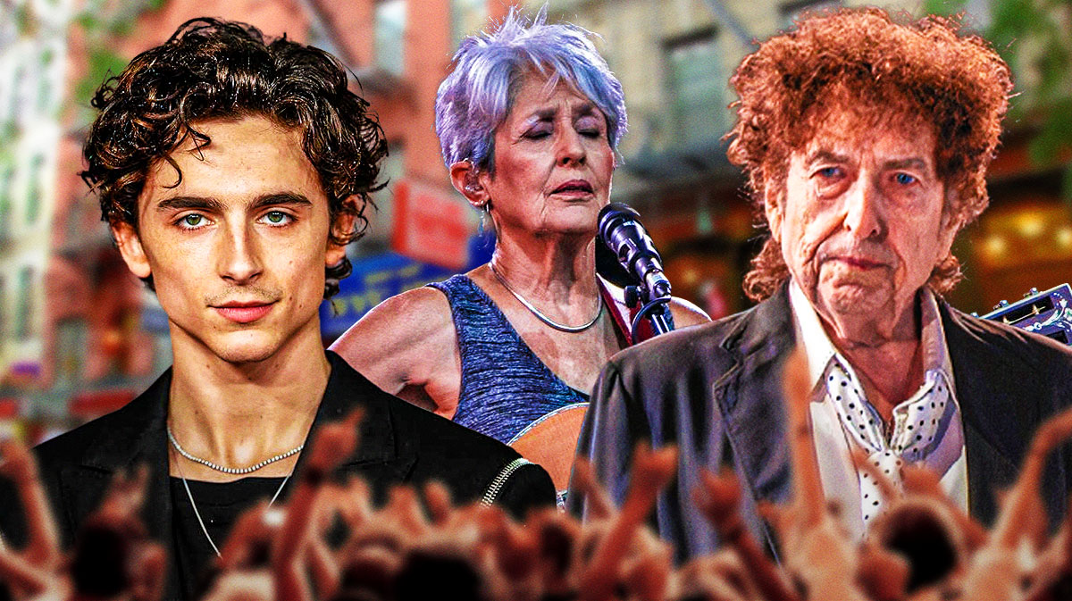 Timothée Chalamet, star of A Complete Unknown biopic, next to Joan Baez and Bob Dylan with Greenwich Village background.