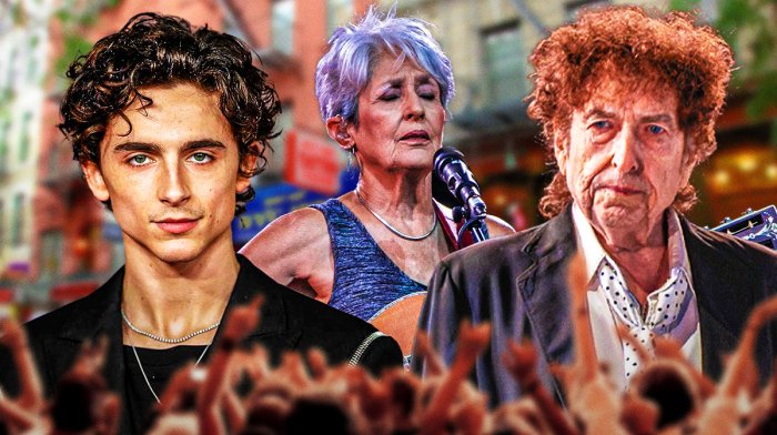 Timothée Chalamet, star of A Complete Unknown biopic, next to Joan Baez and Bob Dylan with Greenwich Village background.