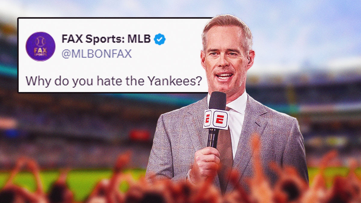 Joe Buck behind microphone with screencap of a tweet behind him and Yankee Stadium crowd