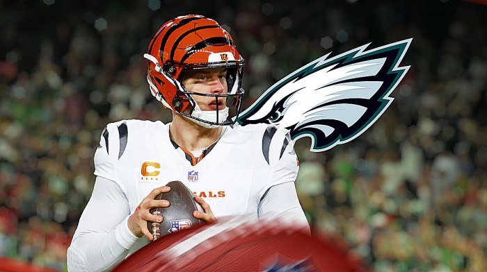 Joe Burrow next to an Eagles logo.