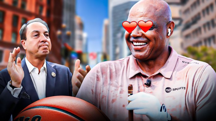 Warriors owner Joe Lacob clapping his hands, with Charles Barkley smiling and has hearts over his eyes. Also, there's a background of downtown San Francisco.