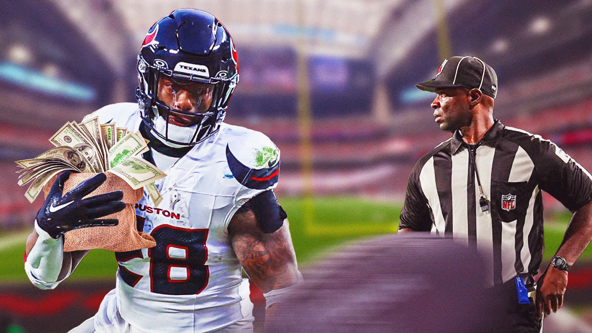 Joe Mixon in a Houston Texans uniform holding a bag of money next to an NFL ref