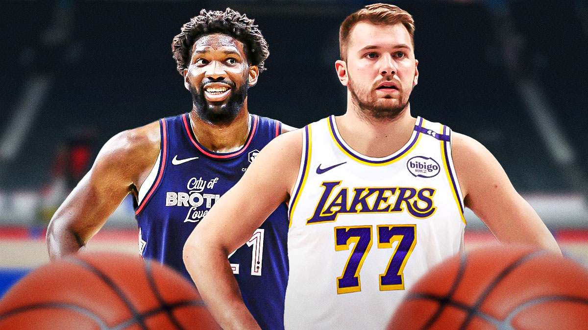 76ers' Joel Embiid next to Lakers' Luka Doncic