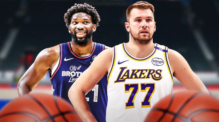 76ers' Joel Embiid next to Lakers' Luka Doncic