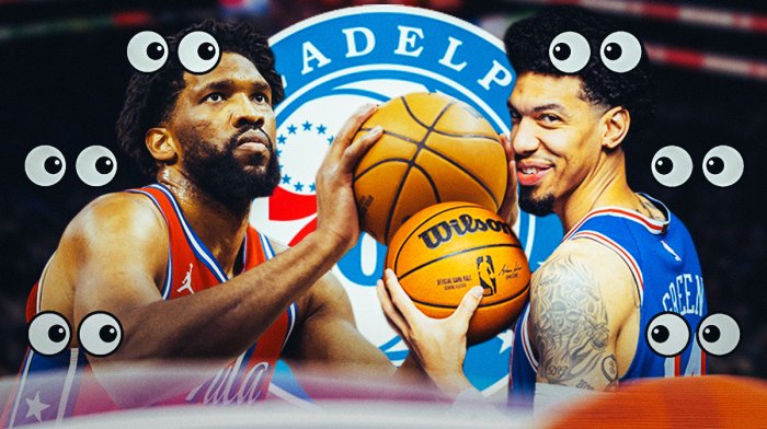 Joel Embiid, Danny Green, Philadelphia 76ers logo, eyes symbols