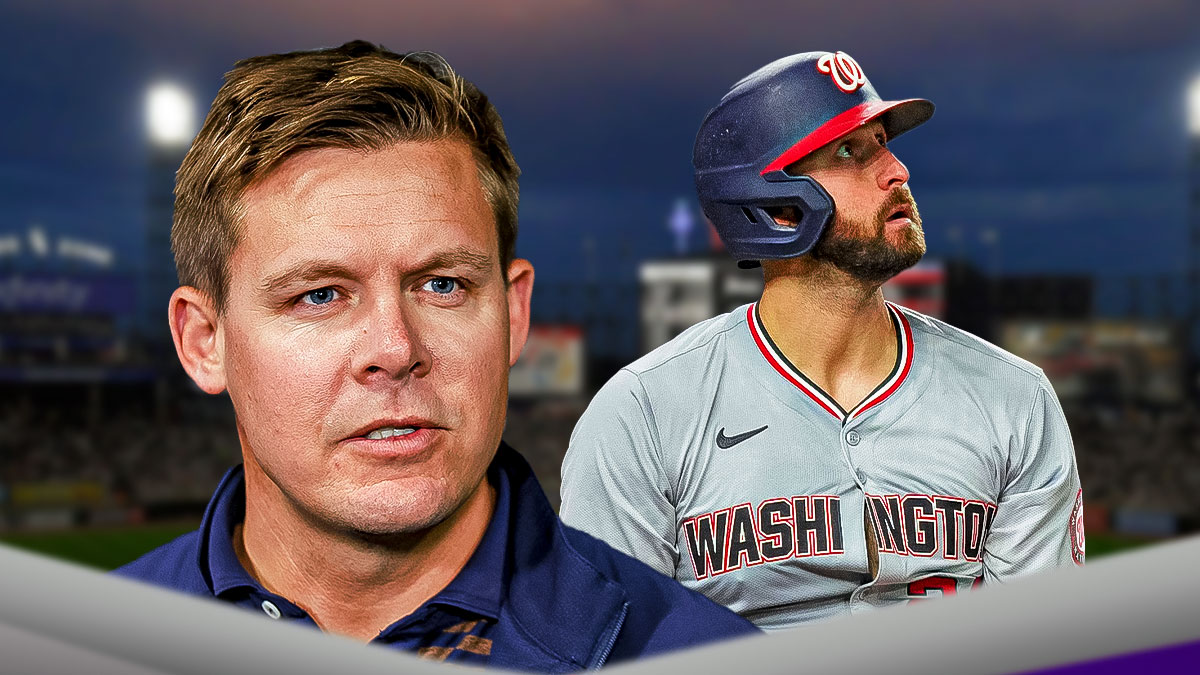 Chicago White Sox GM Chris Getz and Joey Gallo in a Washington Nationals uniform as Gallo signed a contract with the White Sox.