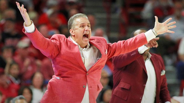 Feb 8, 2025; Fayetteville, Arkansas, USA; Arkansas Razorbacks head coach John Calipari reacts during the game against the Alabama Crimson Tide at Bud Walton Arena. Alabama won 85-81.