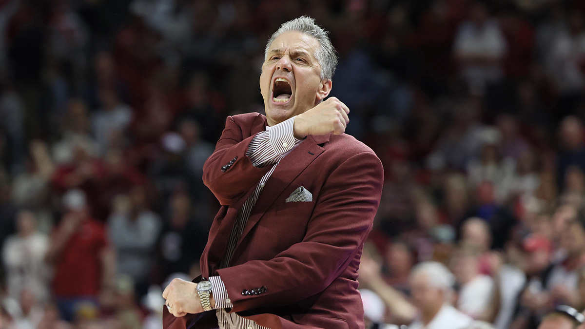 Jan 25, 2025; Fayetteville, Arkansas, USA; Arkansas Razorbacks head coach John Calipari reacts to a call in the second half against the Oklahoma Sooners at Bud Walton Arena. Oklahoma won 65-62. Mandatory Credit: Nelson Chenault-Imagn Images