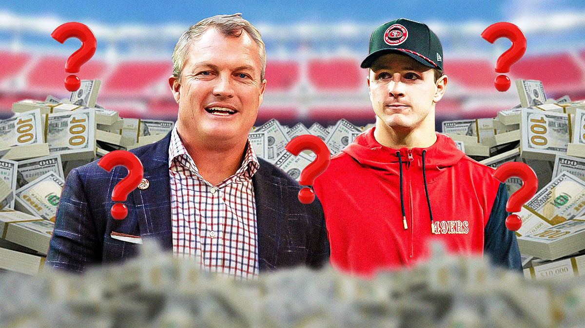 John Lynch and Brock Purdy with money and question marks around the picture.