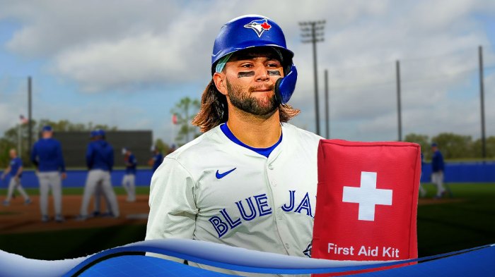 Bo Bichette, Bo Bichette injury, Bo Bichette injury update, Blue Jays, John Schneider, Bo Bichette in Blue Jays uniform, first aid kit on graphic, baseball background with some palm trees since it's spring training