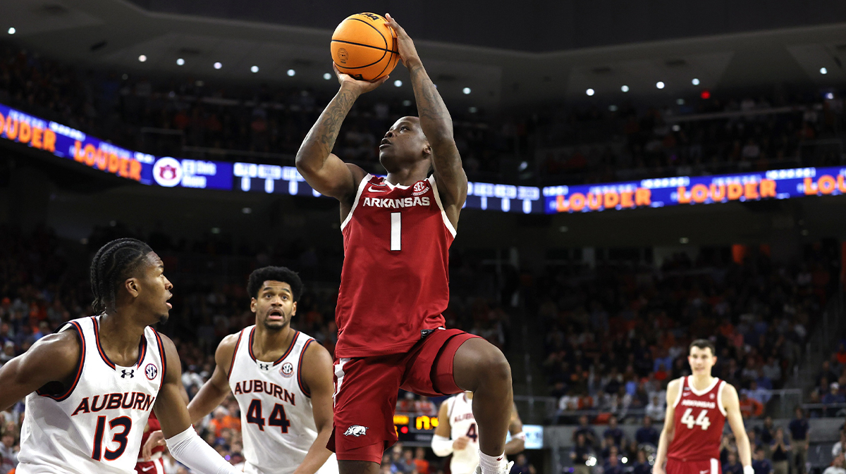 Arkansas Razorbacks guard Johnell Davis (1) takes a shot over the Auburn Tigers during the first half at Neville Arena.