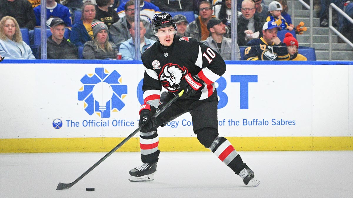 Buffalo Sabres defenseman Henri Jokiharju (10) skates with the puck in the first period in a game against the Nashville Predators at the KeyBank Center.