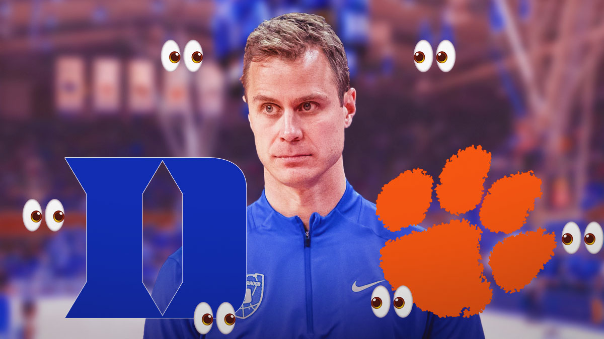 Jon Scheyer, Duke and Clemson logos, eyes symbols