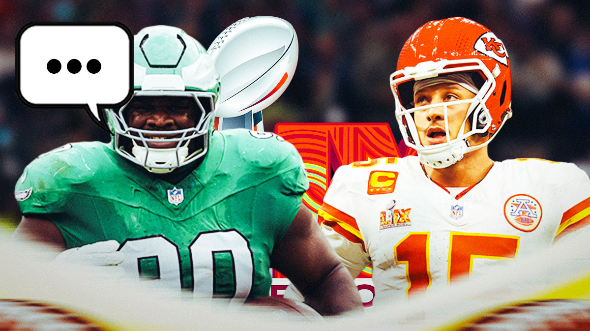 Philadelphia Eagles DT Jordan Davis with a speech bubble that has the three dots emoji inside. He is next to Kansas City Chiefs QB Patrick Mahomes. There is also a logo for the Super Bowl 59.